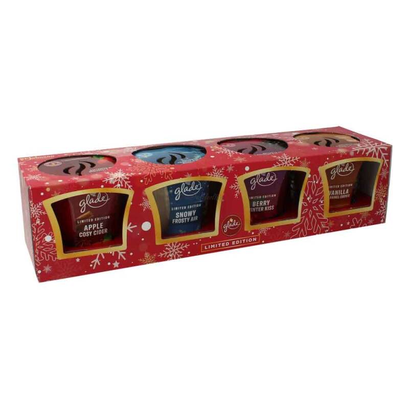 Glade by Brise Duftkerze Geschenkset 4 x 129g ( Apple Cosy Cider + Snowy Frosty Air + Berry Winter Kiss + Vanilla Carmel Cookie )