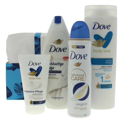 Dove Geschenkset "Zeit für dich" Mit Pflegedusche 250 ml, Deodorant 150 ml, Body Lotion 400 ml, Handcreme 75 ml und Kosmetiktasche